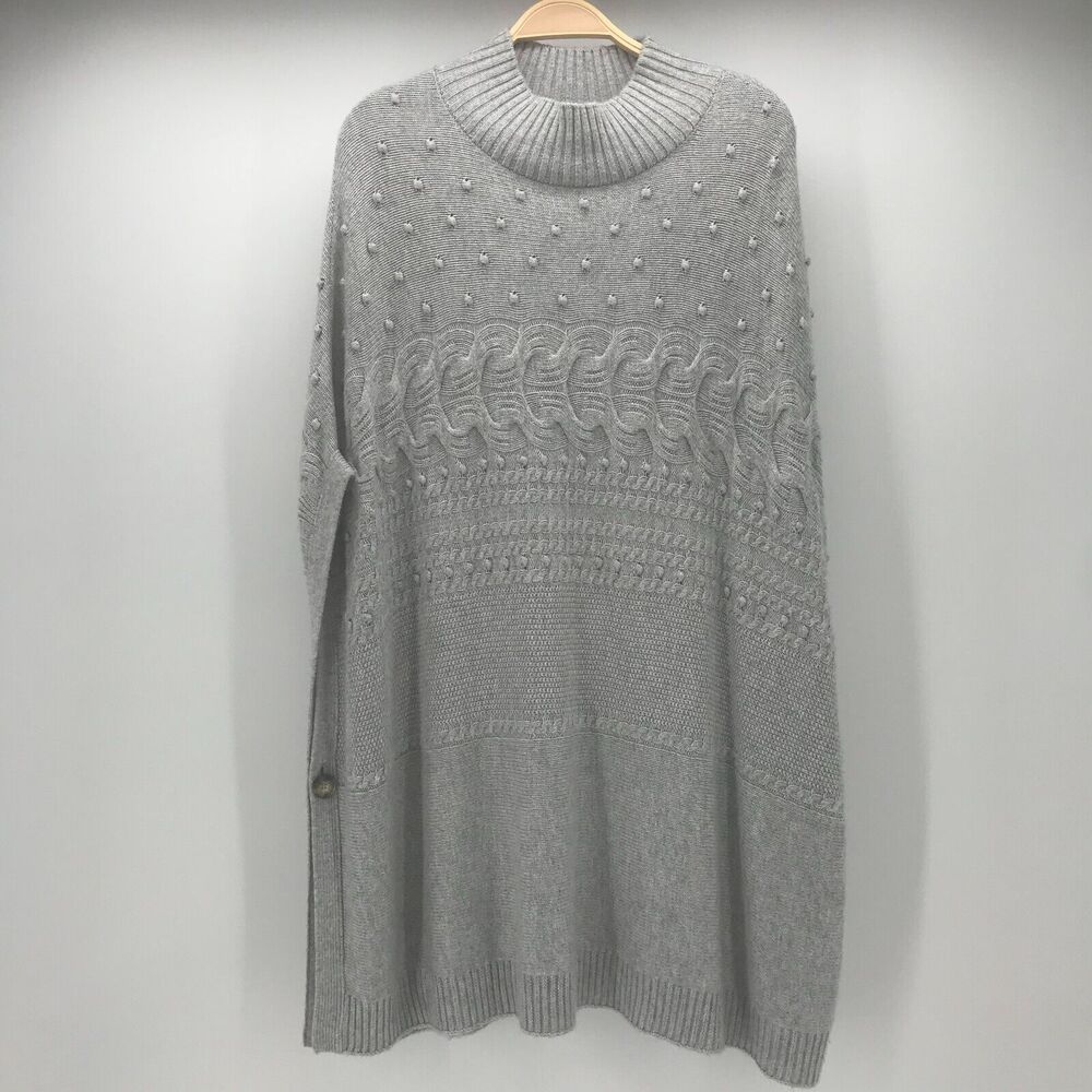 Talbots Mock Neck Poncho Sweater Womens Large Gray Cable Knit Pom Wool Blend